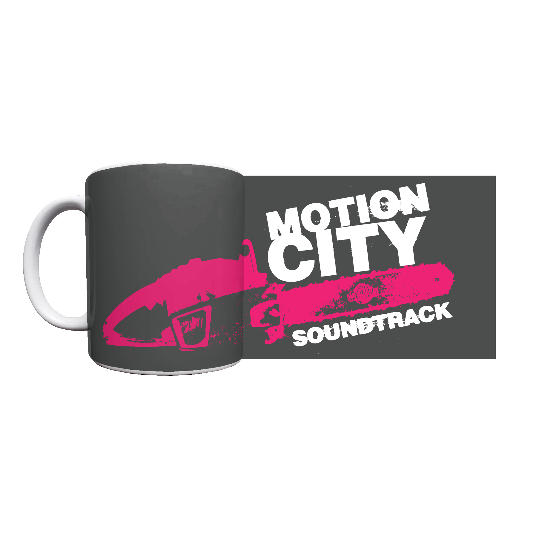 White mug with black background, MOTION CITY SOUNDTRACK in bold white lettering, pink chainsaw graphic.