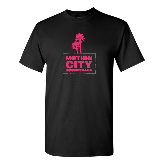 black tee with hot pink palm trees and Motion City Soundtrack logo
