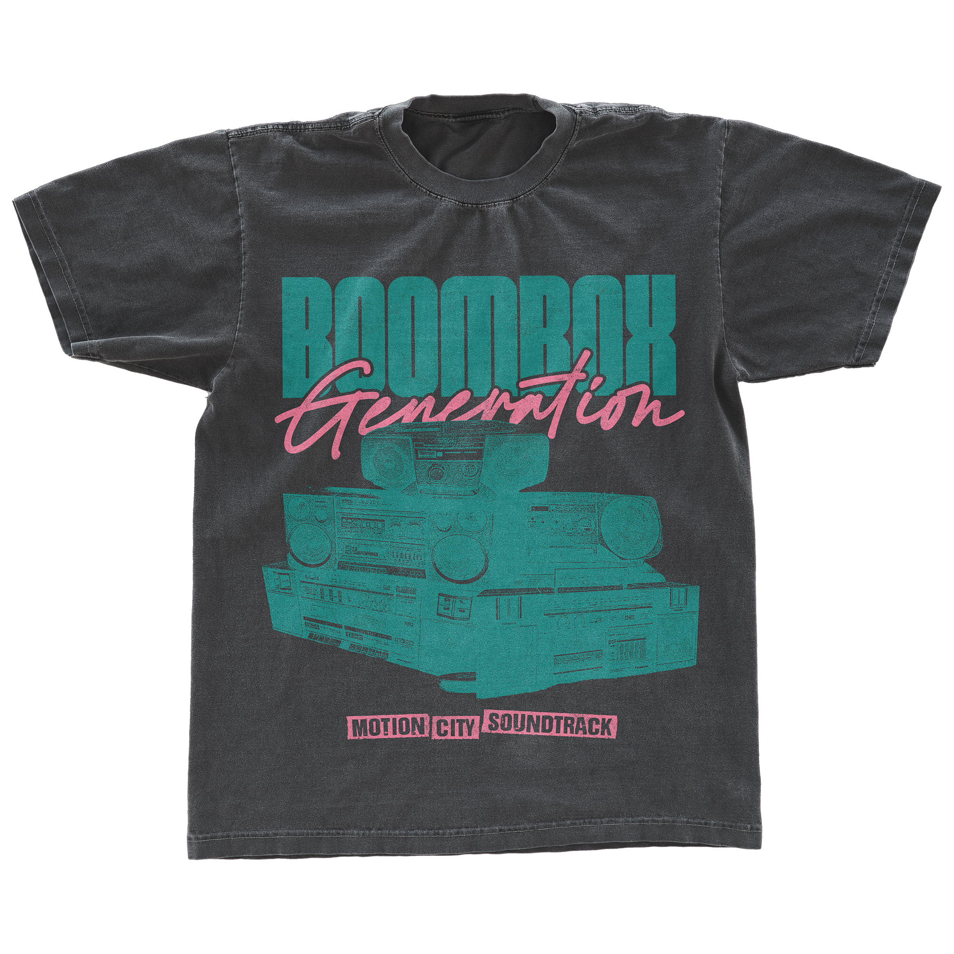 Black tee with teal boombox image, BOOMBOX in teal lettering, GENERATION in pink lettering, MOTION CITY SOUNDTRACK in black lettering with pink background.