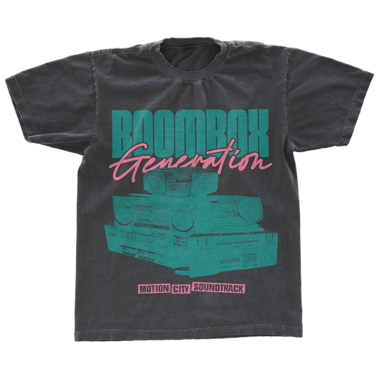 Black tee with teal boombox image, BOOMBOX in teal lettering, GENERATION in pink lettering, MOTION CITY SOUNDTRACK in black lettering with pink background.