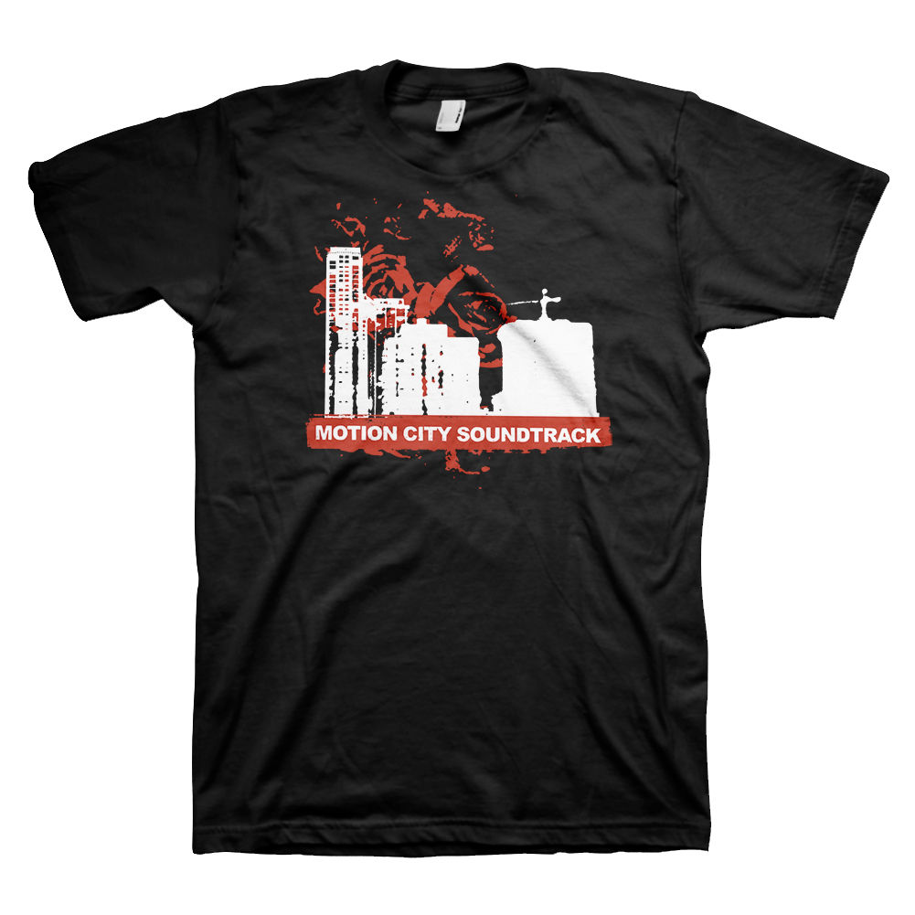 Black tee with white skyline graphic, red rose graphic, MOTION CITY SOUNDTRACK in white bold lettering and red background.