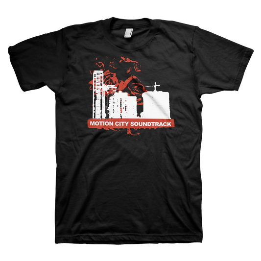 Black tee with white skyline graphic, red rose graphic, MOTION CITY SOUNDTRACK in white bold lettering and red background.