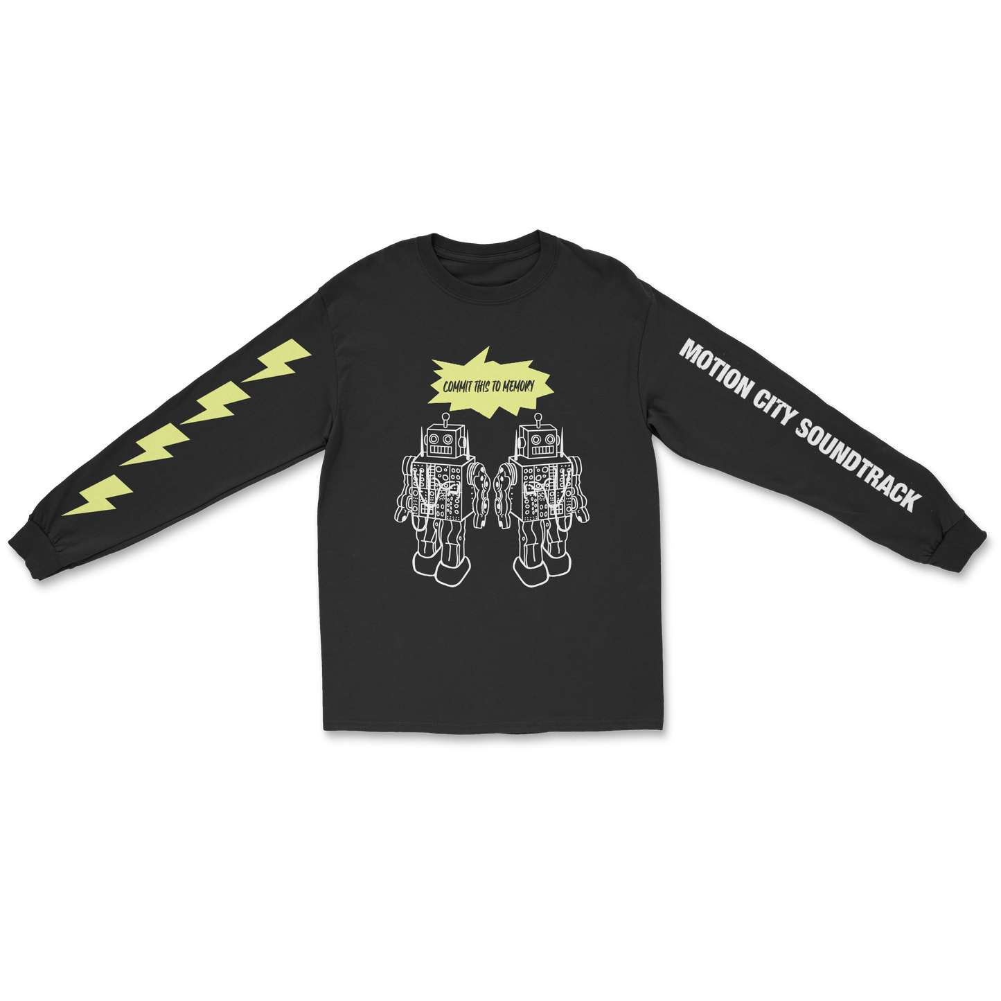 Black longsleeve tee, COMMIT THIS TO MEMORY in black lettering with a yellow background, two white robots graphic, MOTION CITY SOUNDTRACK in bold white lettering down the left sleeve, four yellow lightning bolts down the right sleeve. 