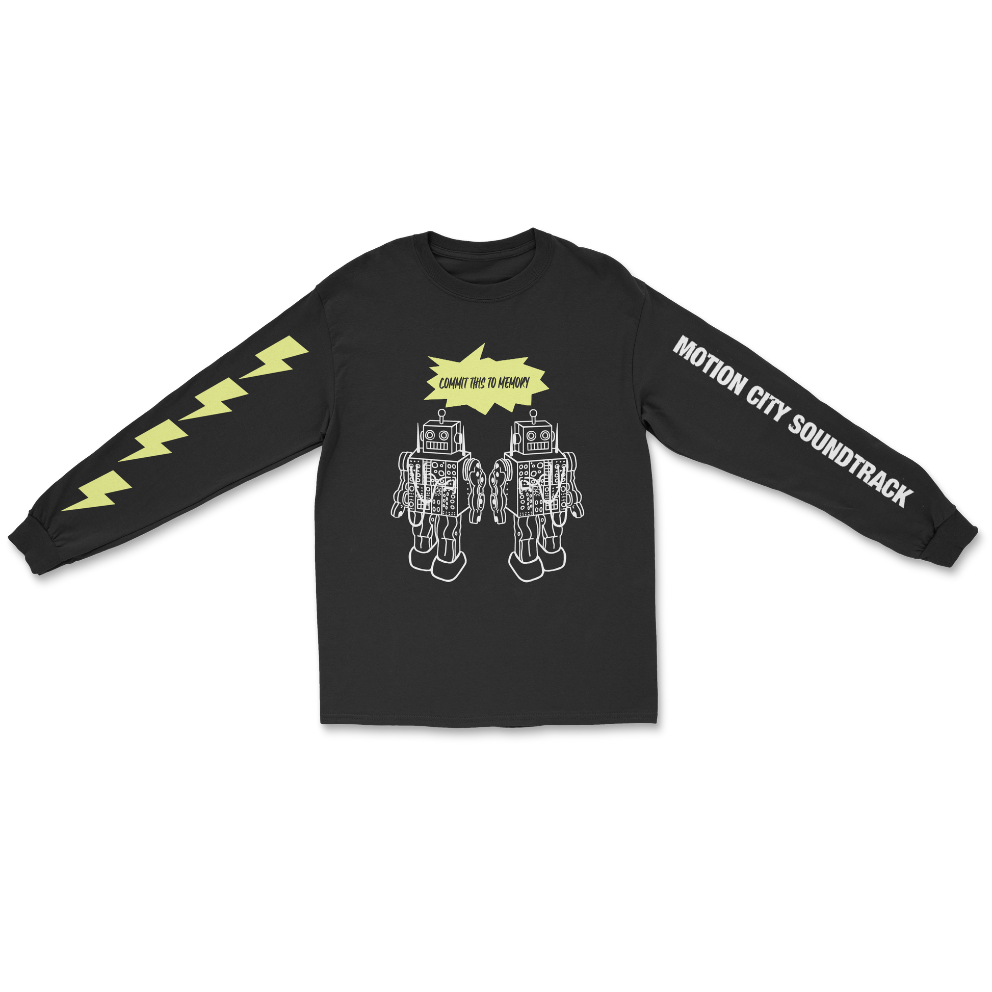 Black longsleeve tee, COMMIT THIS TO MEMORY in black lettering with a yellow background, two white robots graphic, MOTION CITY SOUNDTRACK in bold white lettering down the left sleeve, four yellow lightning bolts down the right sleeve. 