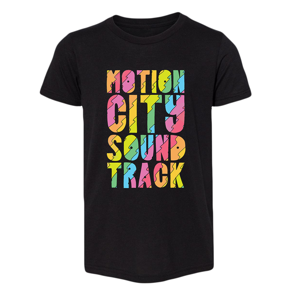 Black youth tee with MOTION CITY SOUNDTRACK in color block rainbow lettering.