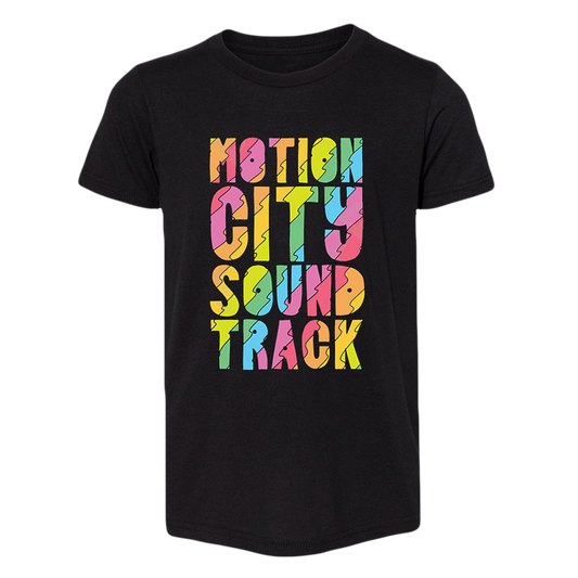 Black youth tee with MOTION CITY SOUNDTRACK in color block rainbow lettering.