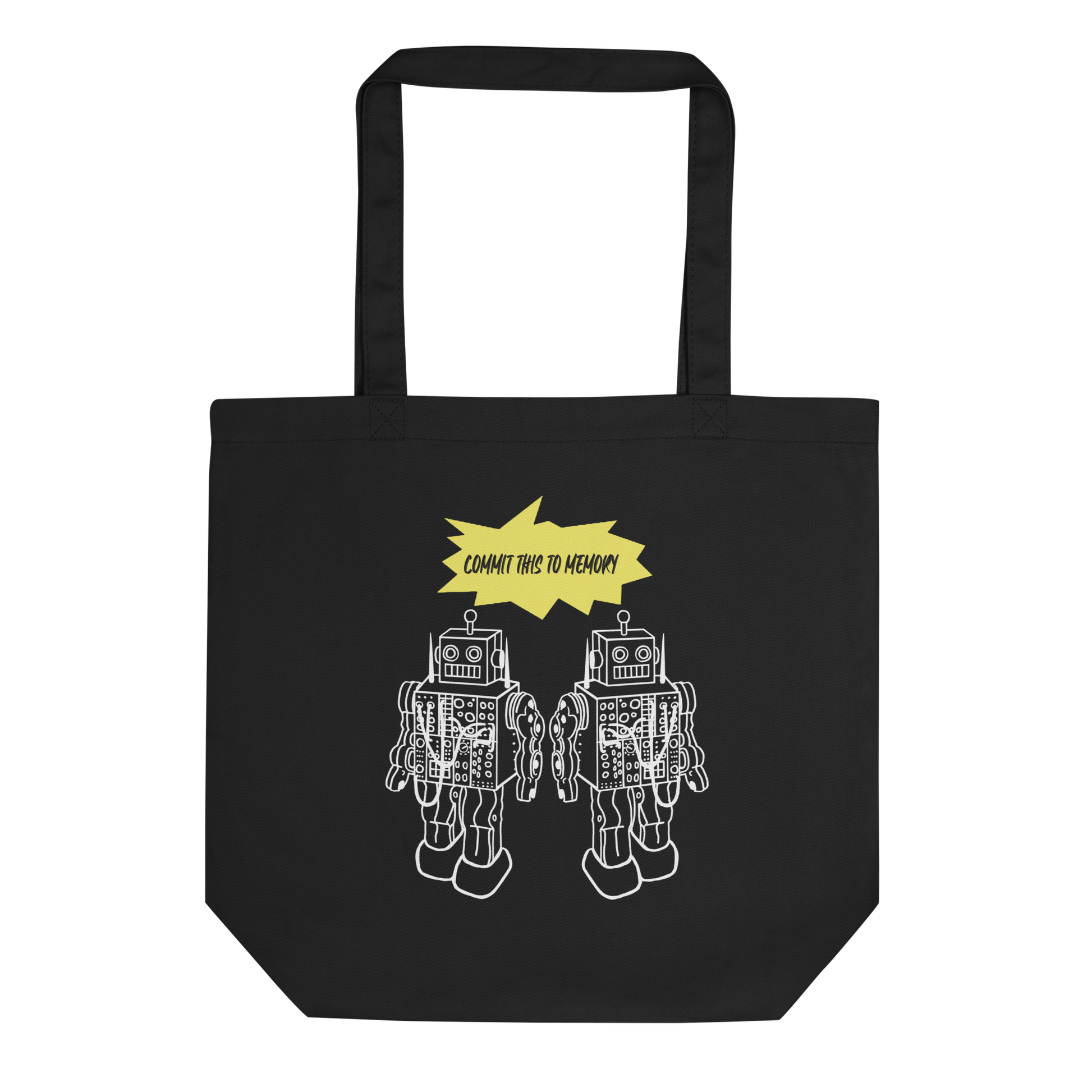 black tote with Commit this to Memory and drawing of two robots