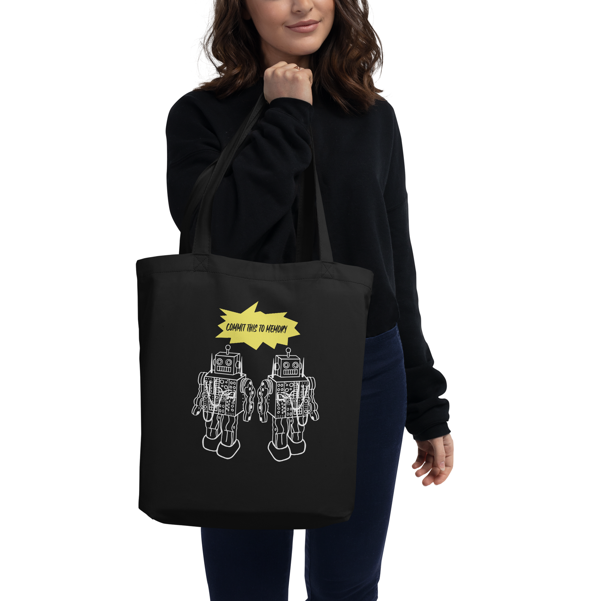 Woman holding Commit this to Memory Robot Tote
