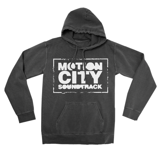 Black hoodie with white Motion City Soundtrack logo